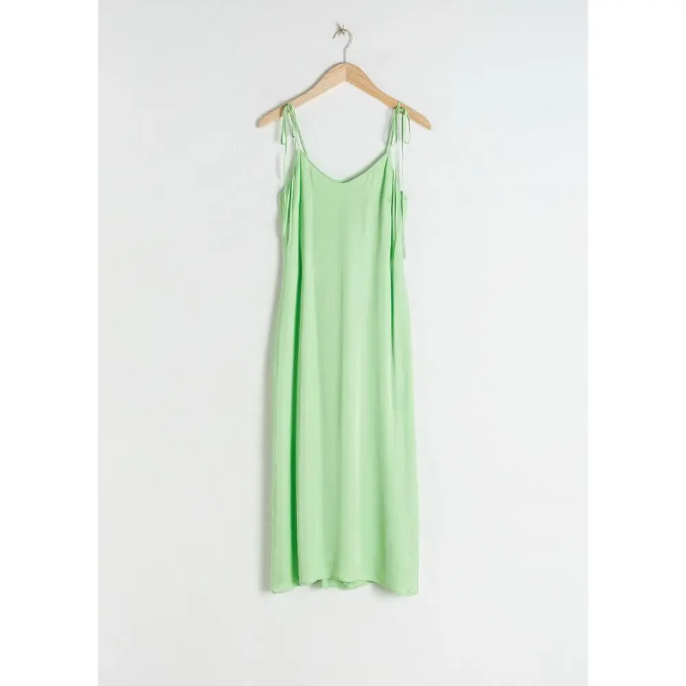 & Other Stories Shoulder Tie Midi Slip Dress in Green Sz 6